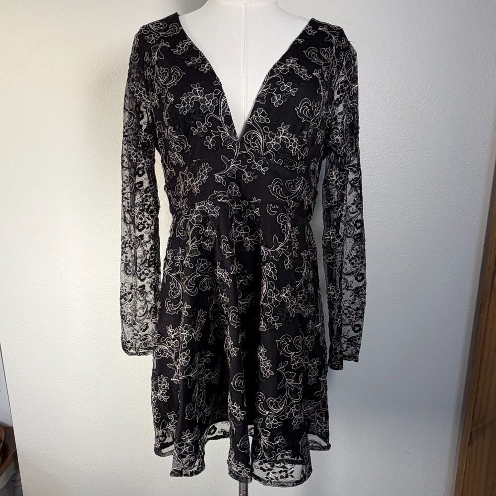 Lulus Black Embroidered Mesh Long Sleeve Fit & Flare Dress Women's Large L